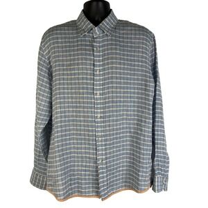 Report Collection Men's Button Up Blue Plaid Lg Collared Long Sleeve Linen Shirt